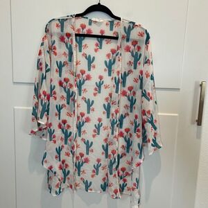 Peach Love California Cactus Print Kimono Cardigan Women's Medium White
